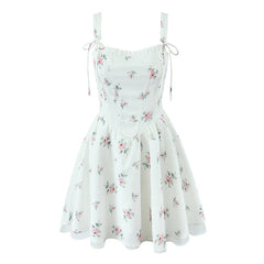 Aiertu  -  French Style Lace Up Back Princess Mini Dresses Women Floral Print Low Waist A-line Summer Dress Holiday Elegant Party Robe Aiertu