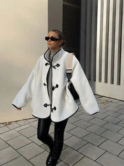 Aiertu  -  Fashion Contrast Lamb Wool Jacket  Women Casual Single Breasted Stand Collar Long Sleeves Thick Coat Autumn Winter Lady Outwear Aiertu