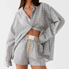 Aiertu  -  Casual Lounge Set Plaid Patterm Button Down Long Sleeve Blouse T-shirt Tops + Wide Leg Shorts Comfy 2 Piece Set Women Outfits Aiertu