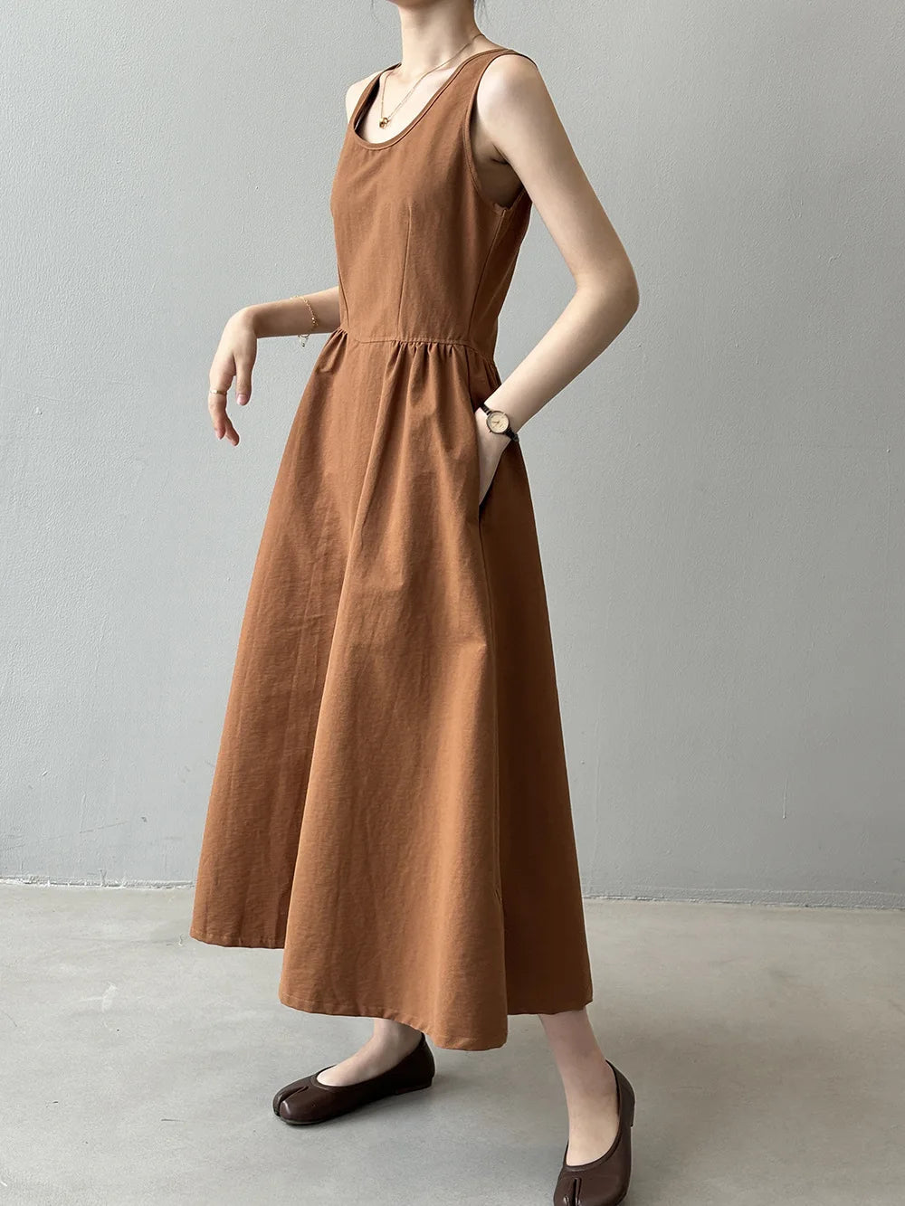 Aiertu  -  Fashion Sleeveless Long Dress Cotton Blend Solid Color Casual Summer New Dress A-line Backless Vacation Beach Dresses For Women Aiertu