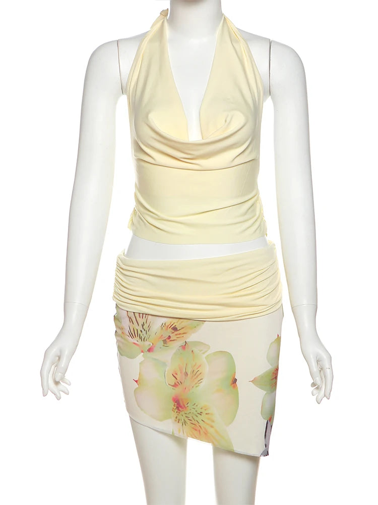 Aiertu  -  Temperament 2-Piece Set Women Halter Backless Swing Collar Tops+Wear Both Front And Back Patchwork Skirts Matching Suits Aiertu