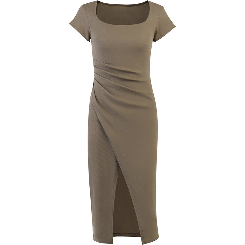 Aiertu - Ribbed Short Sleeve Slit Maxi Dress Aiertu