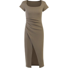 Aiertu - Ribbed Short Sleeve Slit Maxi Dress Aiertu
