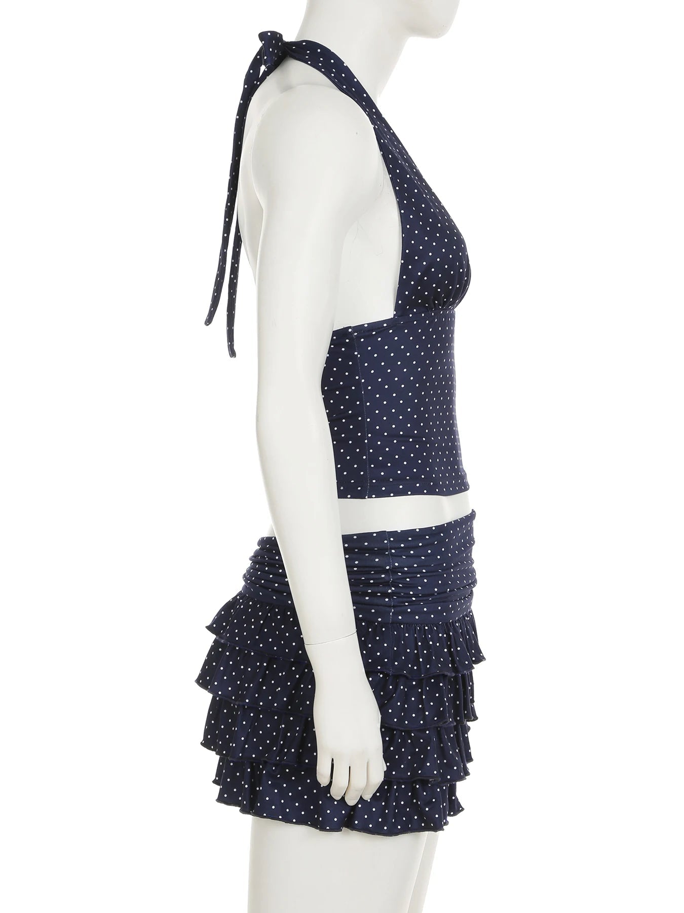 Aiertu  -  Holiday Sexy Dot Printed Dress Sets Women Beach Style Slim 2 Piece Sets Deep V-Neck Halter Tops Low-Waisted Mini Skirts Aiertu