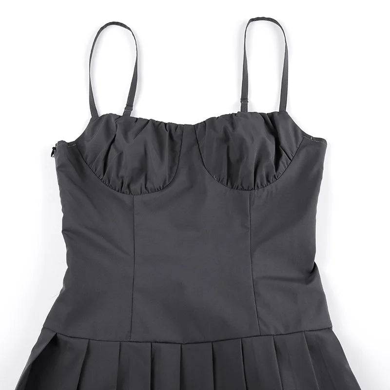 Aiertu  -  Y2k Aesthetic Slash Neck Solid Women Dress Vintage Grunge Slim Harajuku Sexy Zipper Dresses Pleated Streetwear Vestidos De Mujer Aiertu