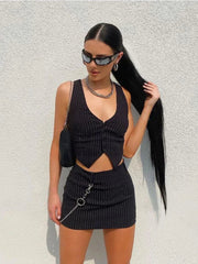 Aiertu  -  Women Two Piece Sets Vintage Crop Top with A-Line Mini Skirts Vintage Y2k Black Gothic Striped Skirt Sets 2000s Fashion Clothes Aiertu