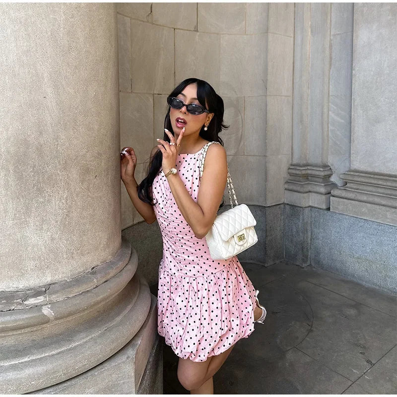 Aiertu  -  Women's Pink Polka Dot Summer Dress 2026 Fashion Puff Hem High Waist Gowns Chic Streetwear Lady Vestidos With Boat Neck Buttons Aiertu