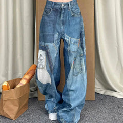 Aiertu  -  American Patchwork Design Patch Print Baggy Jeans Y2K Retro Blue Wash Loose Hot Girl Street Casual High Waist Wide Leg Jeans Aiertu