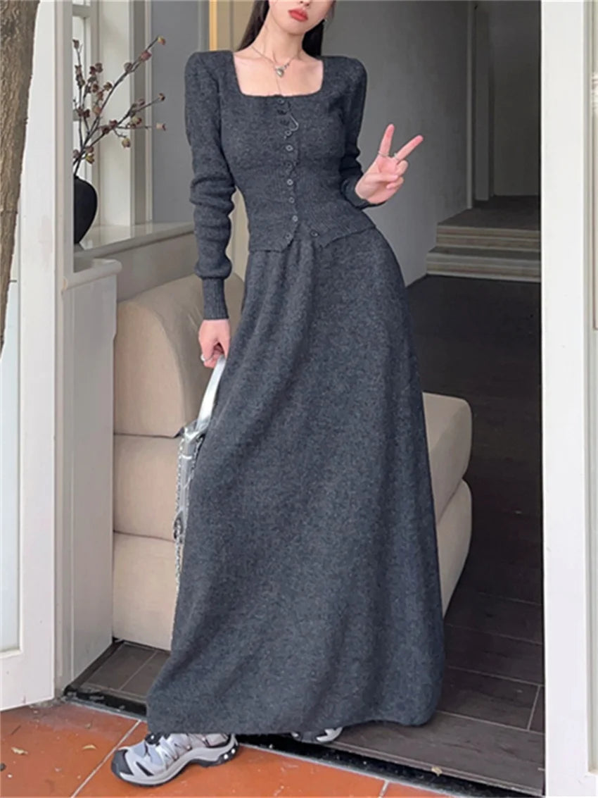 Aiertu  -  Stylish Slim Sweaters Women OL Sweet Knitted Maxi Skirts Winter Suits Elegant Hot Sale Office Lady New High Street Sets Aiertu