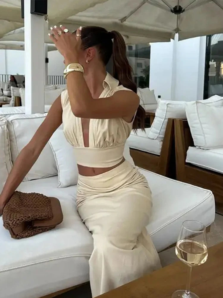 Aiertu  -  Women Sleeveless Lapel Deep V Top Skirt Suit Back Slit Maxi Dress Sexy Khaki High-waisted Casual Skirt 2026 Summer New Aiertu