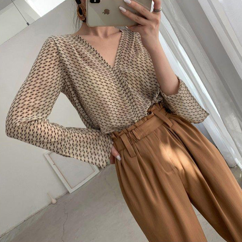 Aiertu Vintage Blouses Women Elegant V Neck Print Long Sleeve Loose Shirts Office Lady Casual Chiffon Chic Sun Protection Tops Aiertu