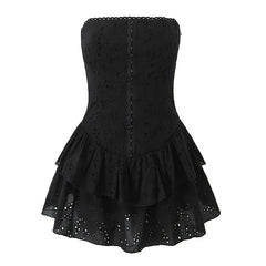 Aiertu  -  Sexy Women Black White Hollow Out Embroidery Strapless Dress Summer Cotton Fit And Flare Party Mini Robe Aiertu