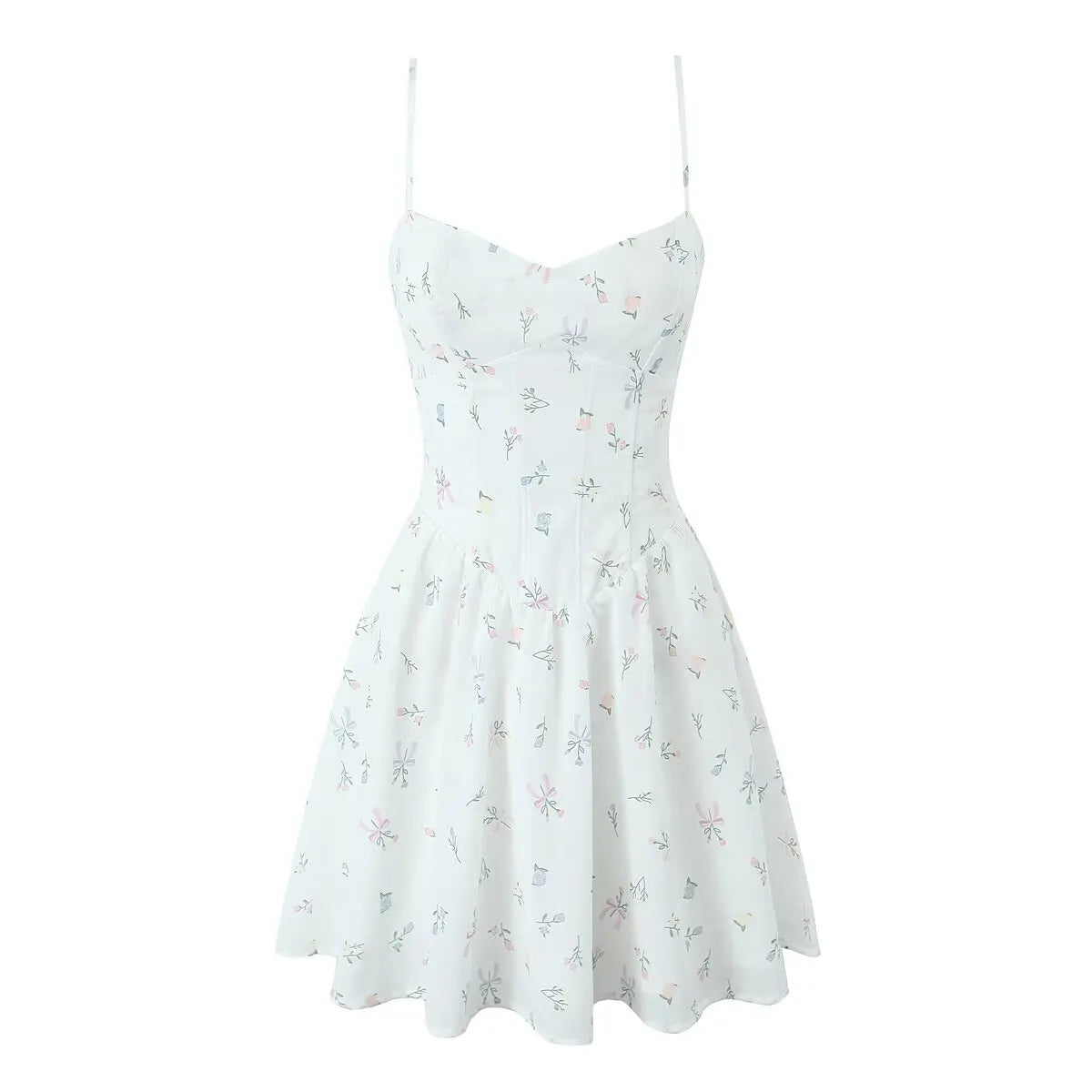 Aiertu  -  Floral Print Fishbone Slim Sling Mini Dress For Women Sexy Thin Straps Low Waist Holiday Party Summer Dresses Lace Up Back Robe Aiertu