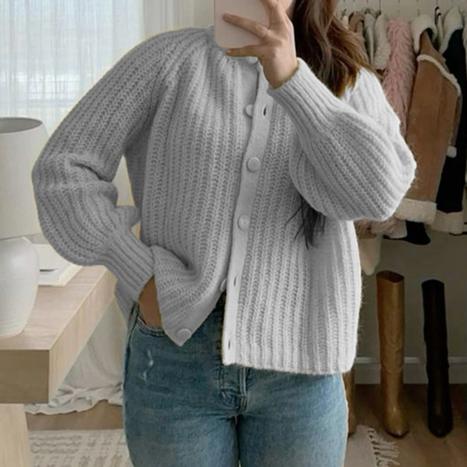 Aiertu  -  Women Chunky Knit Cardigan Y2k Long Latern Sleeve Crew Neck Button Up Open Front Cable Knitted Crop Sweater Jackets Aiertu