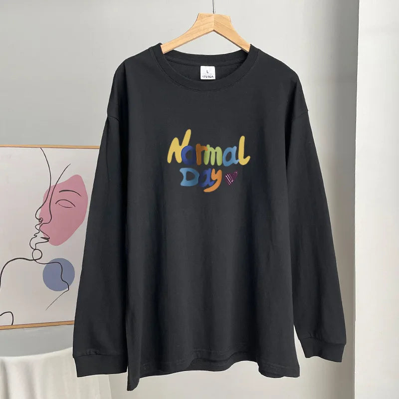 Aiertu  -  Color Letter Print White T-shirt Women 2025 Spring Round Neck Long Sleeve Cotton Tee Shirts Casual Loose Fashion T Shirt Tops Aiertu