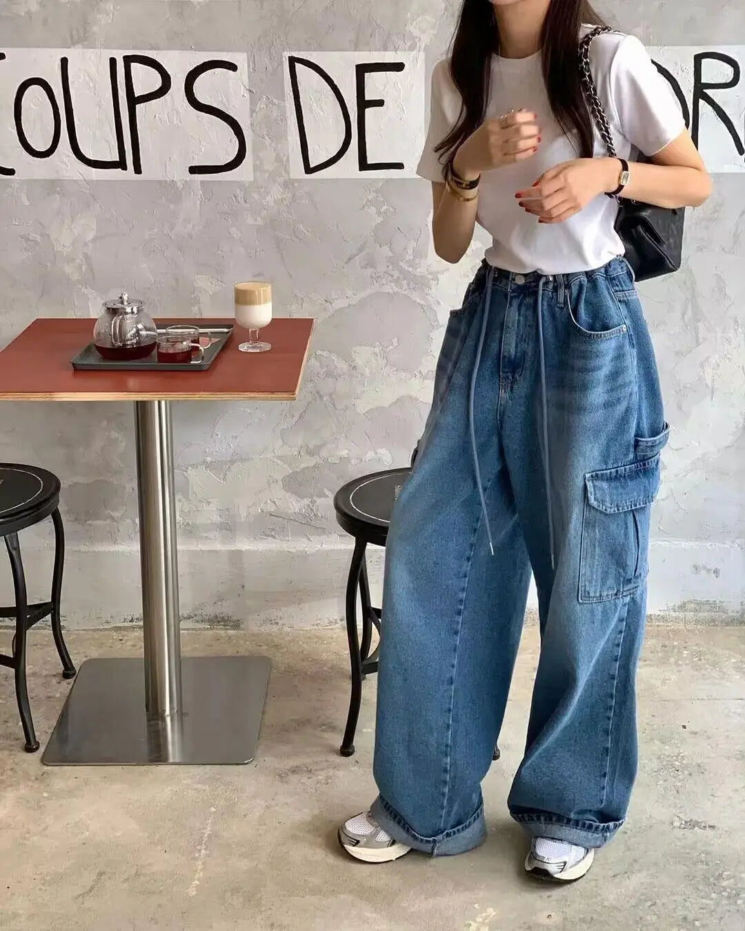 Aiertu  -  Y2K Jeans Women Casual Loose Drawstring High Waist Denim Pant Female Big Pockets Chic Fashion Streetwears Lady Trouser Leg Pants Aiertu