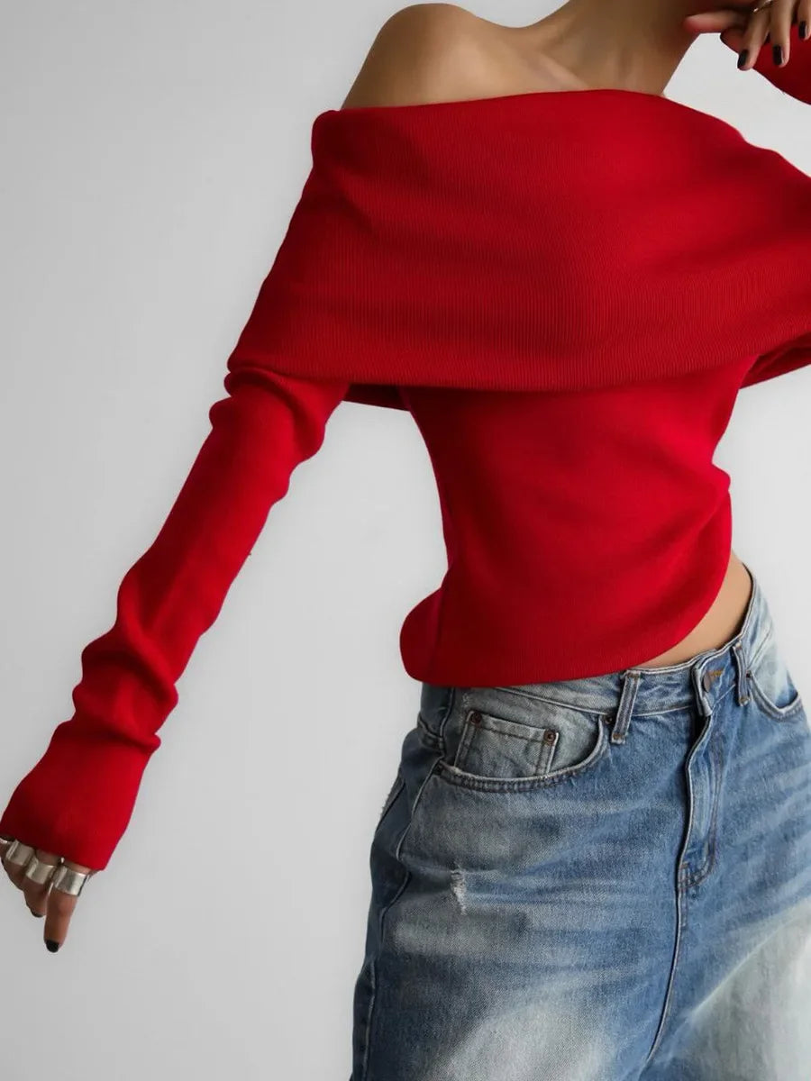 Aiertu  -  Women's Pullover Long Sleeved Knitted Base Shirt Autumn Winter Office Lady Sweater One Shoulder Sexy Slim Fit Off Shoulder Top Aiertu