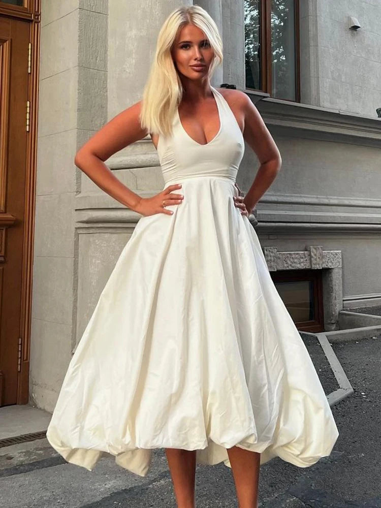 Aiertu  -  Patchwork V Neck Dresses Women Autumn Fashion Sleeveless Halterneck White Dress Street Backless Casual Party Dress Aiertu