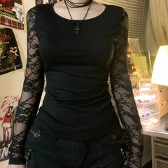 Aiertu  -   party look snspos Hollow Out Lace Sleeve Patchwork Top Women's Autumn Spring Sexy Slim-fitting T-shirts Chic Elegant Crew Neck Tops Retro Aiertu