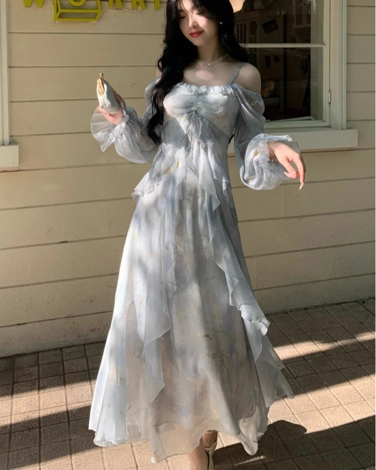 Aiertu French Fashion Print Fairy Long Dresses Women Autumn New Ruffles A-Line Party Birthday Vestidos Female One Piece Clothes Aiertu