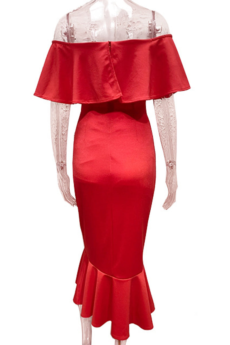 Aiertu  -Sexy Prom Solid Color Ruffle Off Shoulder Fishtail Dresses aiertu
