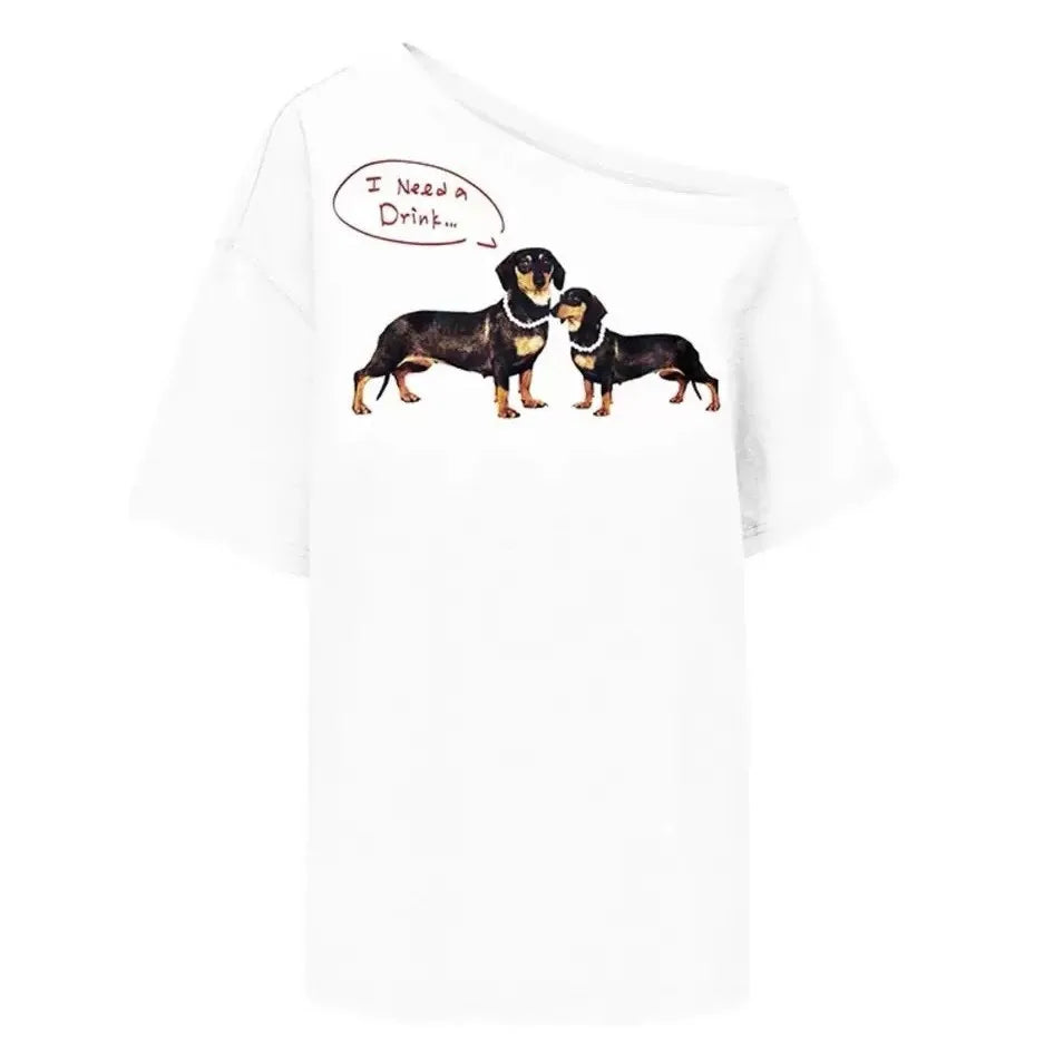 Aiertu  -  Summer New Pearl Necklace Dachshund Dog Print Short Sleeve T-Shirt Slash Shoulder Top Women Aiertu