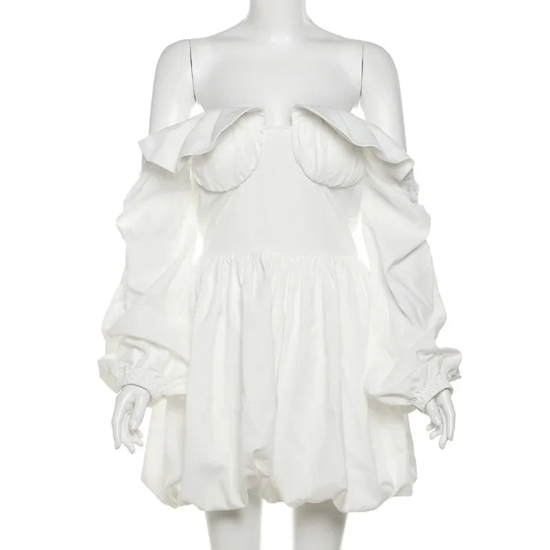 Aiertu  -  Off Shoulder Ruffle Dress White Slim Sexy Backless Long Sleeve Mini Dresses For Women's Patchwork Club Party Dress Femme Aiertu