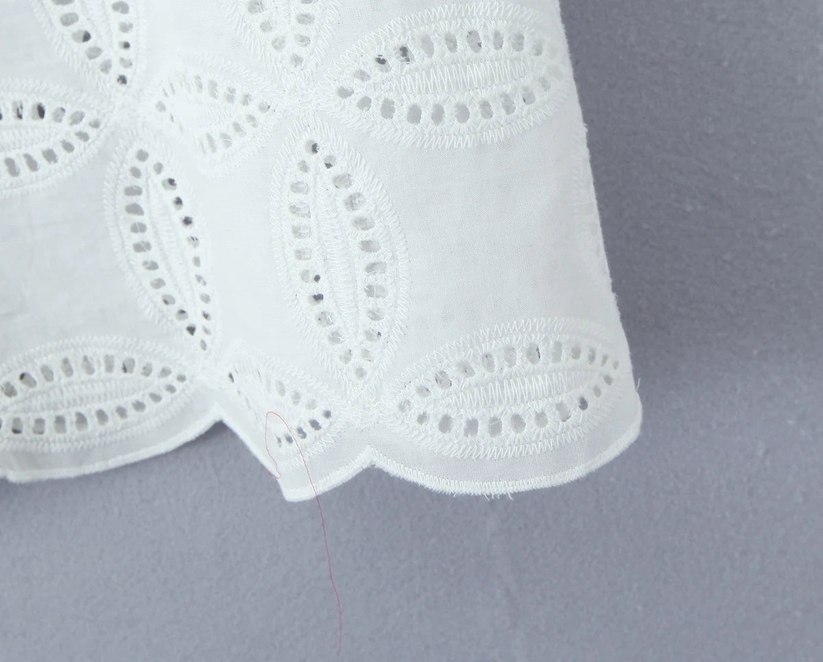 Aiertu  -  2 Pieces 1 Set 2025 Sexy Women White Embroidery Hole Loose Short Sleeve Shirt Back Zipper High Waist Package Hips Mini Skirts Aiertu