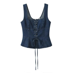 Aiertu  -  Sexy Square Collar Blue Denim Camis Sexy Corset Women Front Cross Lacing up Bandage Bow Tank Tops Back Zipper Slim Crop Top Aiertu