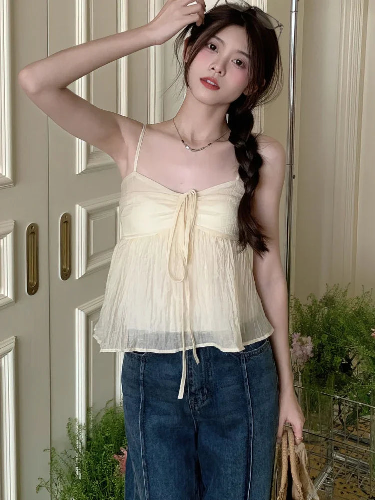 Aiertu  -  Women's Bow Tie Chiffon Suspender Vest Summer New Korean Version Sweet Loose Fitting Women Fashionable Off Shoulder Short Top Aiertu