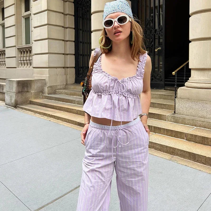Aiertu  -  Casual Striped Ruffles Top Pants Suit Women Lace-up Sleeveless Pleated Vests Loose Wide Leg Trouser 2026 New Lady Set Streetwear Aiertu