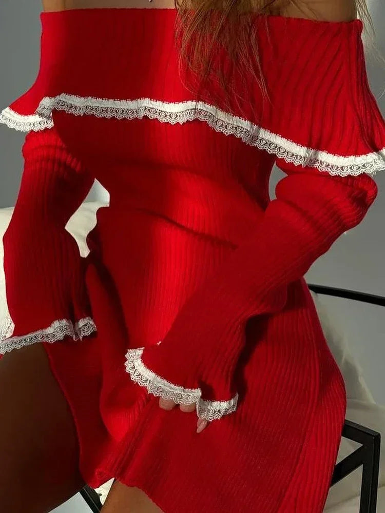 Aiertu  -  Knit Off Shoulder Sweater Dress For Women Sexy Lace Patchwork Rib Pullover Party Elegant Backless Knitwear Mini Dresses Aiertu