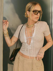 Aiertu  -  Fashion Short Sleeve Bandage T-shirt 2026 Woman Clothes O-neck Lace-up Slim Crop Top Streetwear Female Coffee Contrast Color Tee Aiertu