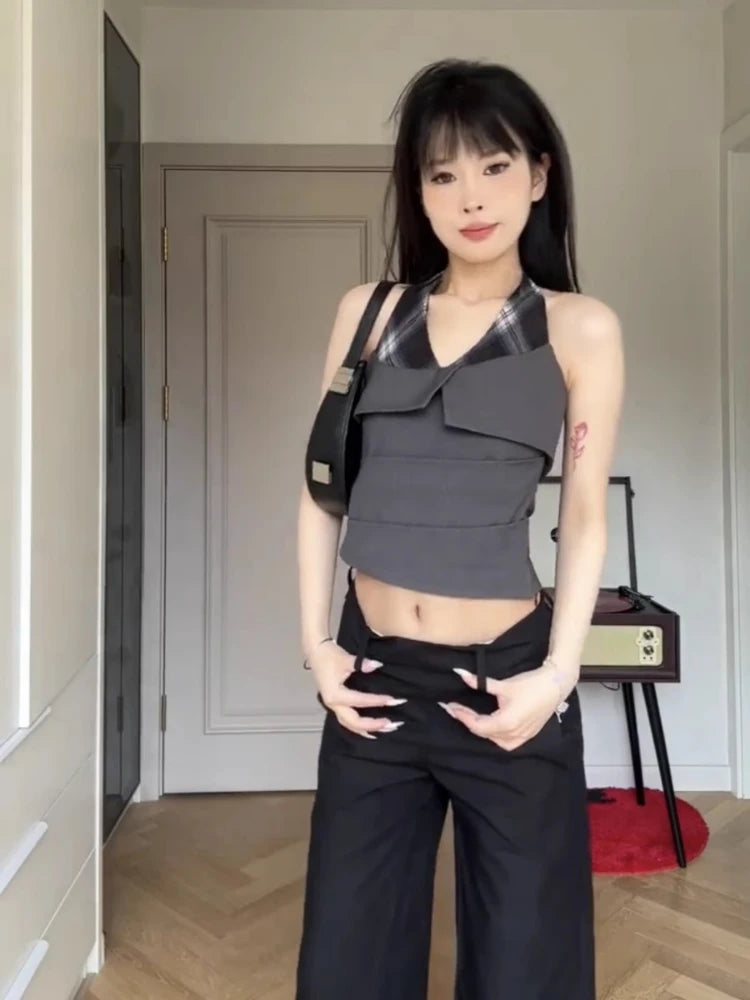 Aiertu  -  Fake Two Pieces Plaid Patchwork Halter Tanks Summer Y2k Aesthetic Slim Vintage Tank Top Streetwear Grunge Pleated Cropped Vest Aiertu