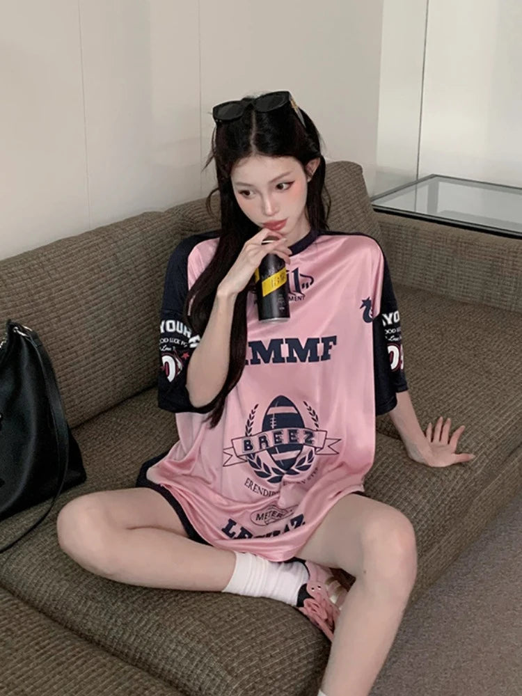 Aiertu  -  Satin Pink Sport T Shirts Women Letter Print Patchwork Short Sleeve Tops American Retro Summer Basketball Loose Clothes Aiertu