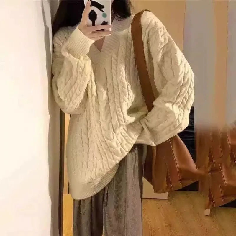Aiertu  -  Retro V-neck Twist Knitted Pullover Oversized Sweater Women Winter New Fashion Street Loose Thickened Casual Simple Sweater Aiertu