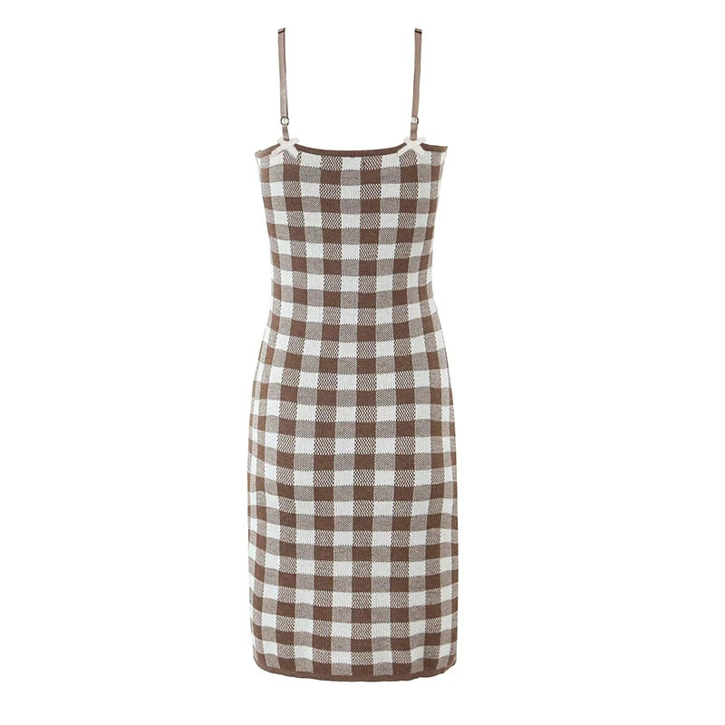 Aiertu  -  Sexy Spaghetti Straps Bow V Neck Knit Plaid Dress Women Summer 2026 Bodycon Mini Dresses Aiertu
