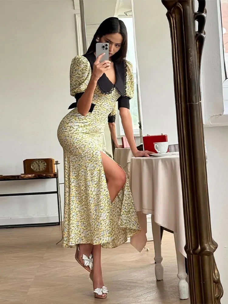Aiertu  -  Elegant Doll Collar Puff Sleeve Long Dress Woman Sweet Floral Print Split Skirt With Lace Up Belt Fashion Party Commute Dresses Aiertu