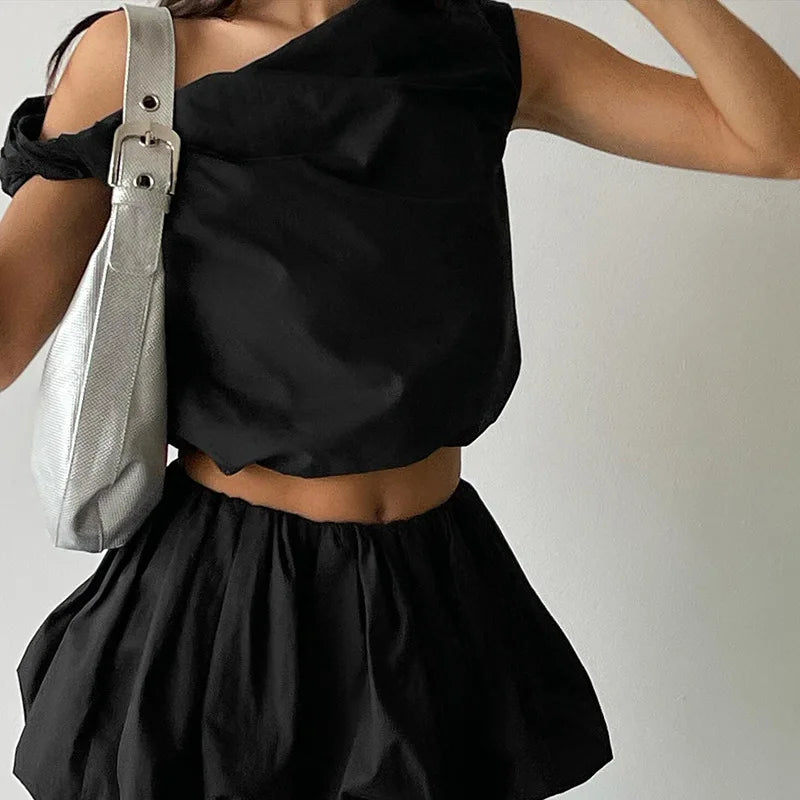 Aiertu  -  Solid Sexy Strapless Two-Way Crop Top Skirt For Women Summer Fashion Sleeveless Folds Off Shoulder Hot Girl Club Vestido Aiertu