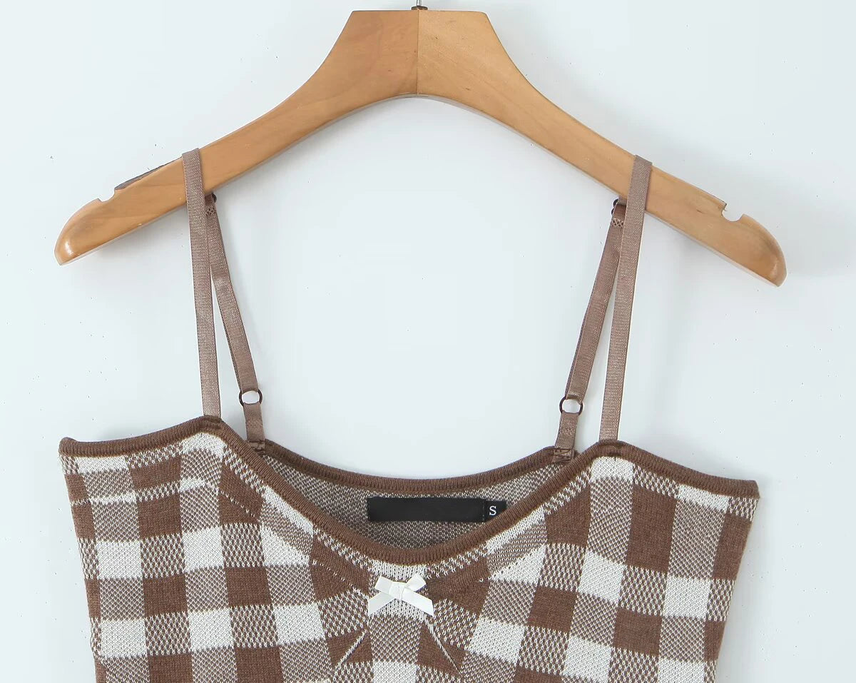 Aiertu  -  Sexy Spaghetti Straps Bow V Neck Knit Plaid Dress Women Summer 2026 Bodycon Mini Dresses Aiertu