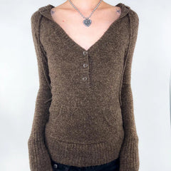 Aiertu  -  Y2K Brown V-neck Hooded Sweater Vintage Basic Slim Button Up Knitted Pullovers Autumn Casual Streetwear Outfits Lady Aiertu