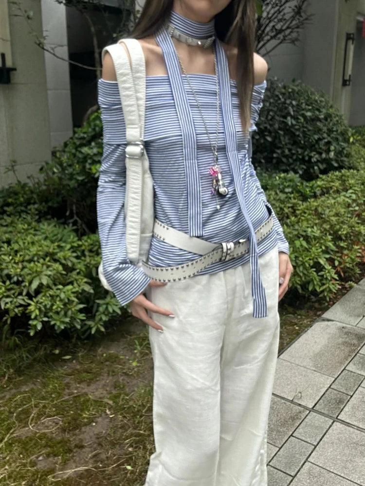 Aiertu  -  Autumn Slash Neck Blue Stripe Y2k Aesthetic Tshirts Streetwear Bandage Women Slim Fit Tee Shirts Vintage Harajuku Basic T-shirt Aiertu