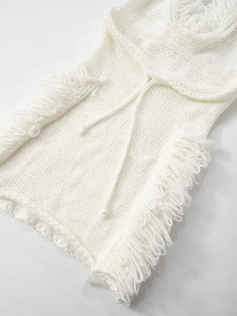 PICSGIRL - party look snspos Fashion Halter Knitted Mini Dresses for Women Lace-up Backless Tassel Sweater Dress Lace-up Sleeveless Beach Vacation Vestidos Aiertu