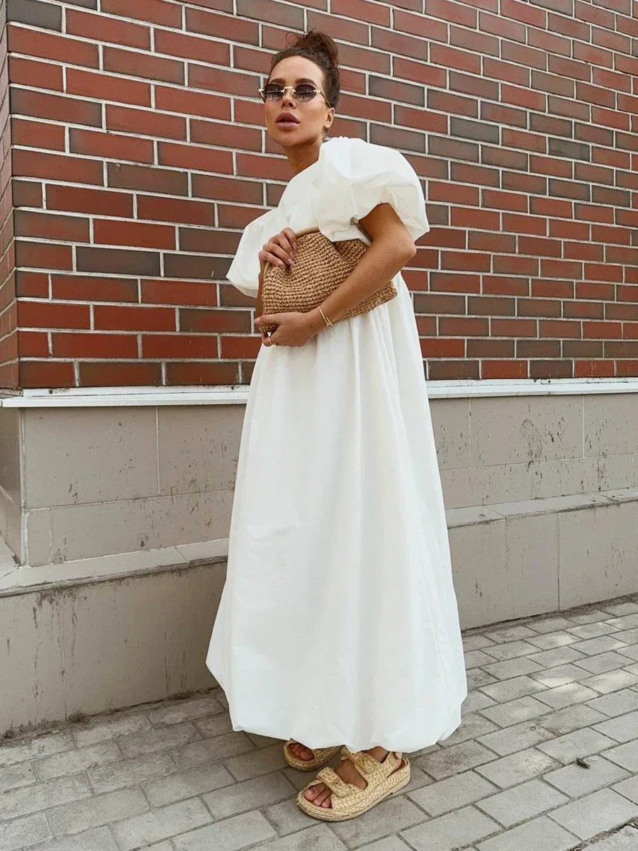 Aiertu  -  100% Cotton Women's Oversized Bubble Sleeve Dresses Fashionable Ladies O-Neck Chic Short Sleeve Summer Loose Long Dress Aiertu