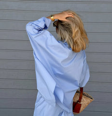 Aiertu  -  Casual Loose Oversized Two Piece Set for Women Elegant Trouser Suit Women with Pants Blue Wide Leg Pants Long Sleeve Shirts Set Aiertu