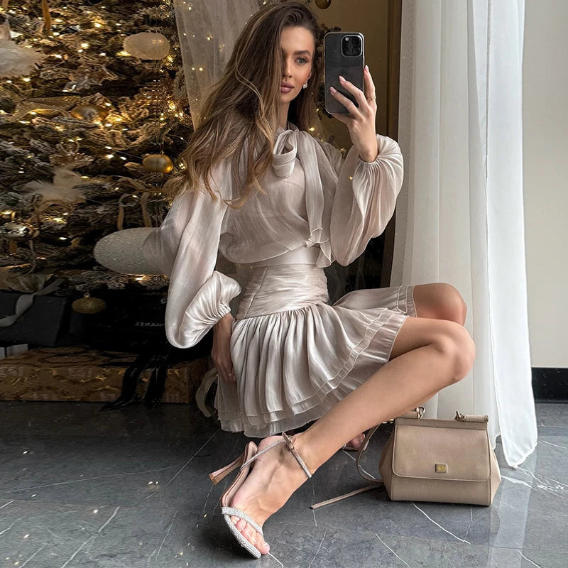 Aiertu  -  2025 New Women's Skirt Two Piece Set Chiffon Bow Tie Top High Waisted Drawstring Mini Dress Suit Ladies Sexy See Through Aiertu