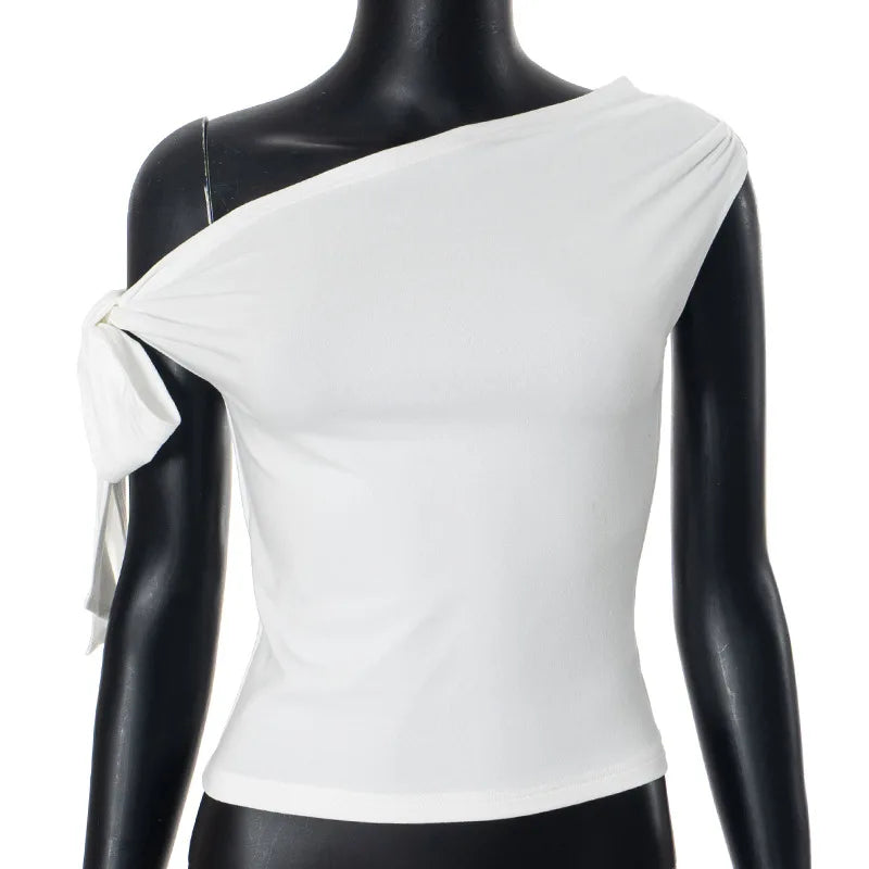 Aiertu  -  2000S New Fashion Folds Bow Solid Color Short Sleeve Sheath T-shirt 2025 Spring Women's Casual Style Slim Fit Lace-up Tees Top Aiertu