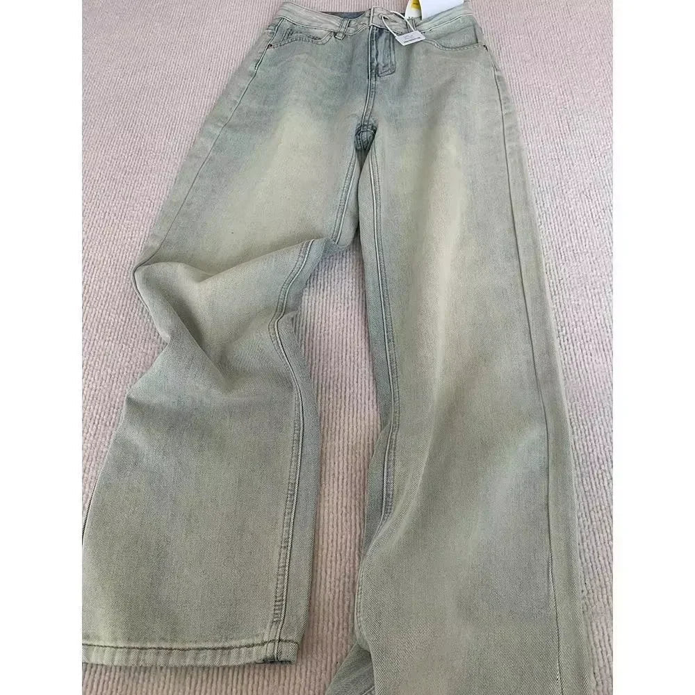 Aiertu  -  Y2K European and American Retro Washed Design Splicing Fake Two-piece Blue Jeans Women's Popular Loose Sexy Bell-bottom Pants Aiertu