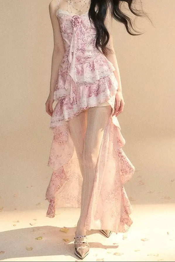 Aiertu  -   French Style Floral Printed Strap Camisole Dress for Women Summer Waist Slimming Chic Spicy Girl Ruffle Irregular Short Dress Aiertu