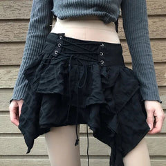Aiertu  -  Gothic Style Irregular Black Short Skirt Y2K Fashion Lace-up Layered Skirt Girly Chic Streetwear Cute Outfits Summer Aiertu